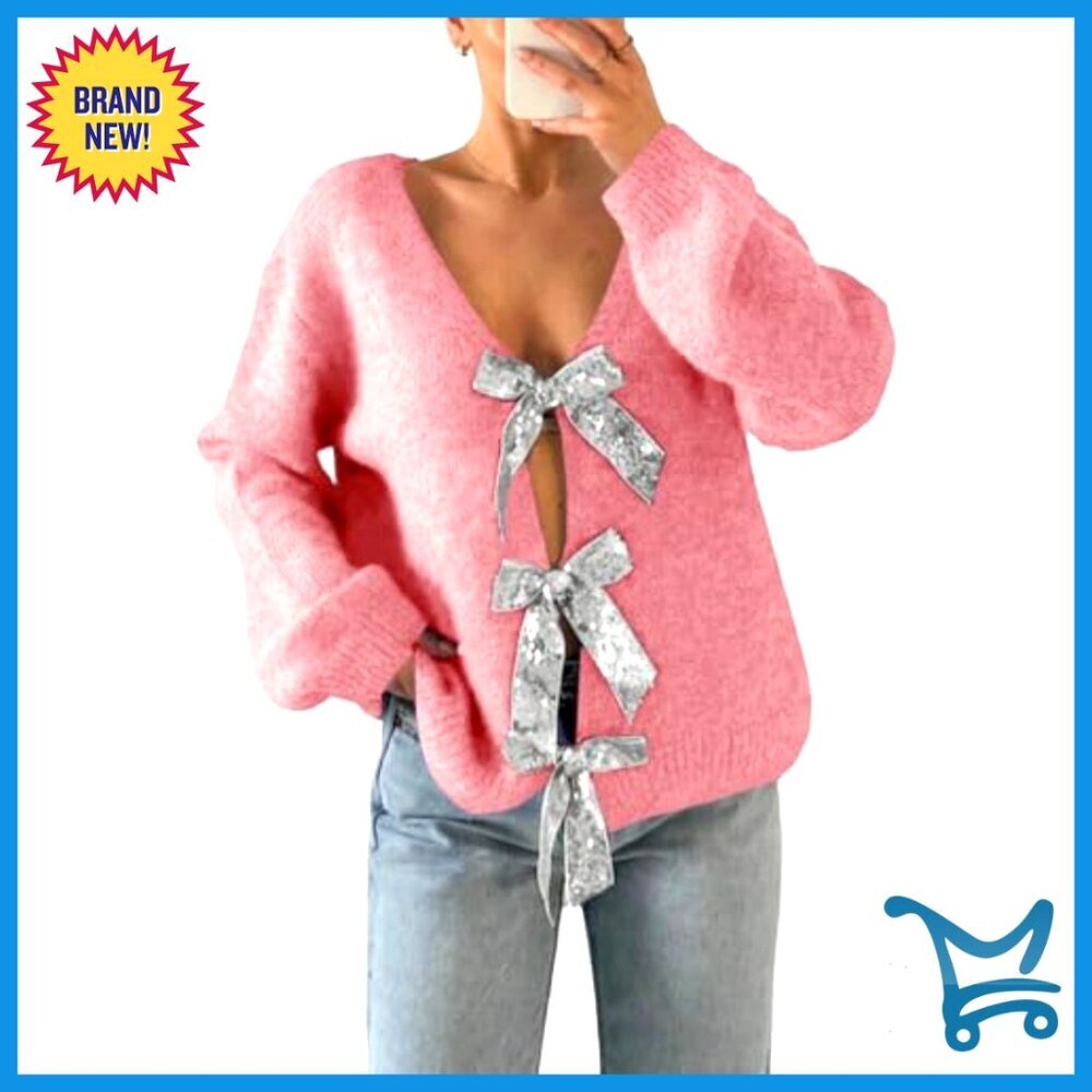 Oversized Knit Cardigan Open Front Sequin Bow V-Neck Reversible Chic Fall - Picture 2 of 7